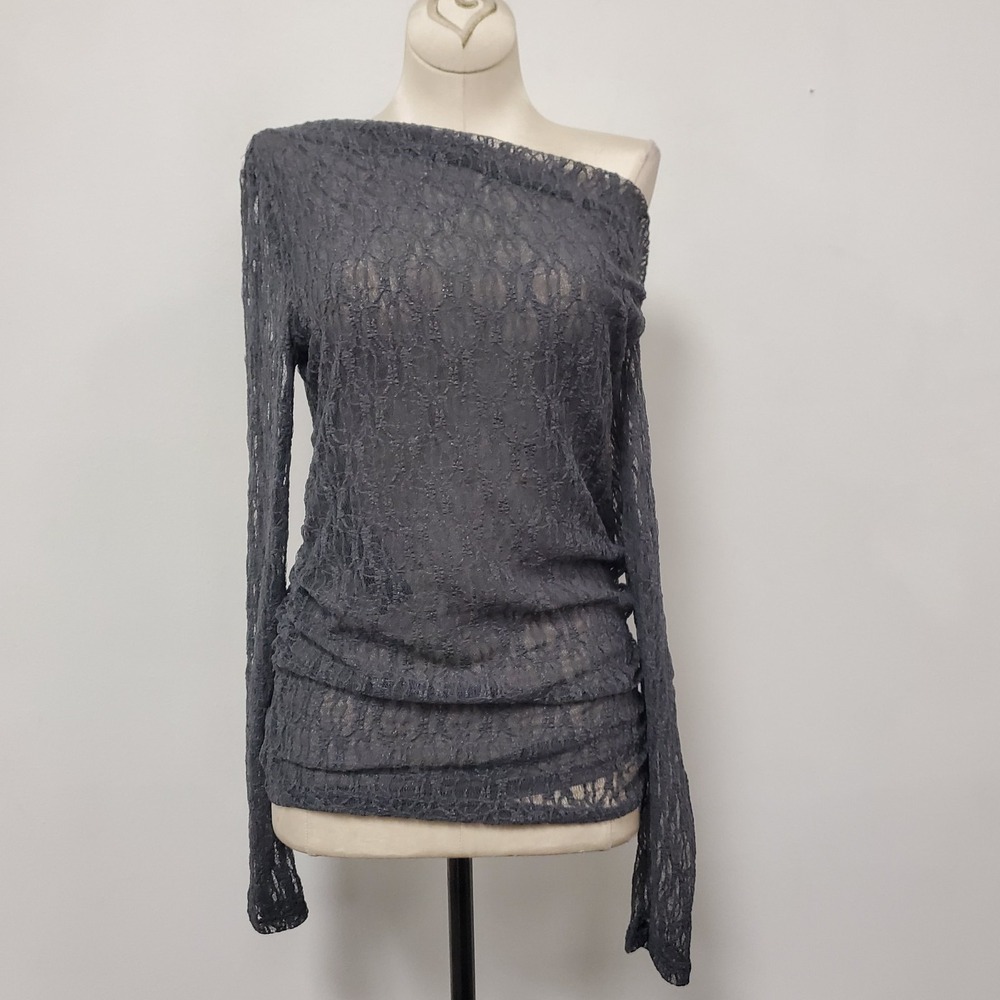 Mng Womens Drop Shoulder Sheer Lace Top SizeM Gray Fairy Grunge Whimsigoth Drape